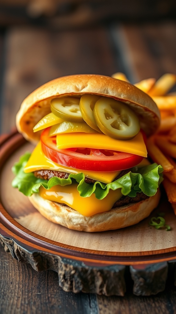 Oven-baked cheeseburger with melted cheese, lettuce, tomato, and pickles on a toasted bun, served with fries.